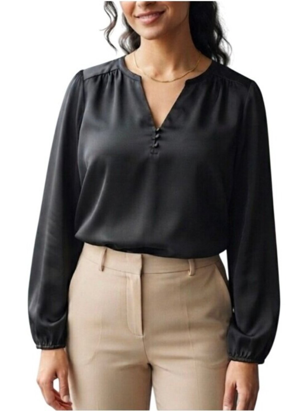 Halogen Black Satin Long Sleeve Button V-Neck Blouse Top Size XL